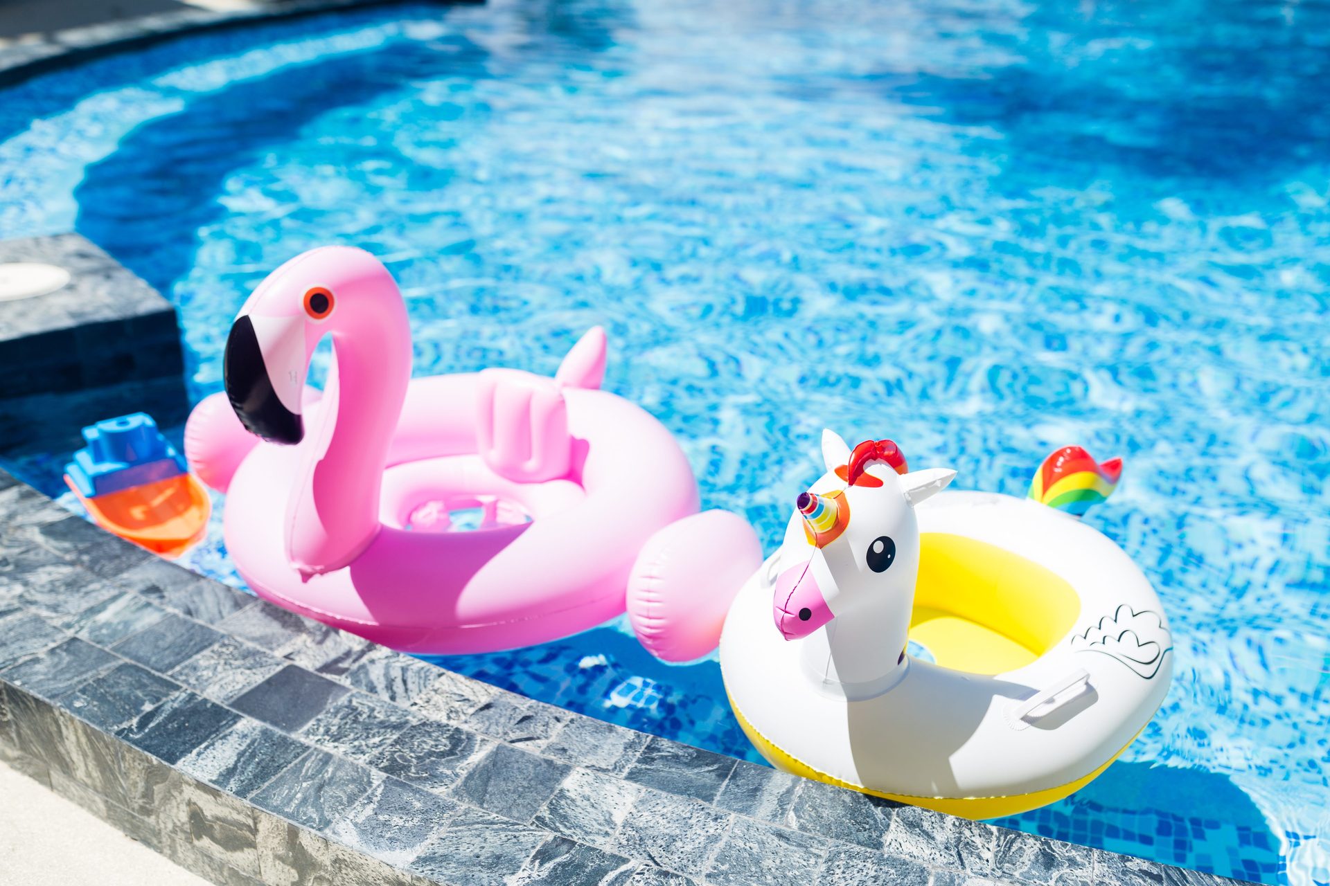 Colourful inflatable flamingo and pool toys floating in a Benoni family pool